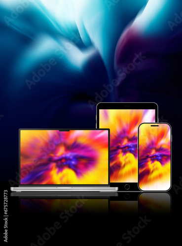 tablet pc, mobile phone and laptop with explosion wallpaper over cold blue background