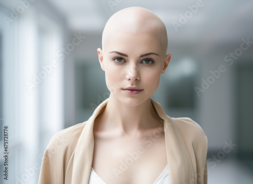 Portrait of a woman patient with shaved head after chemotherapy looking at camera. Concept of oncology, alopecia. Inspired young bald lady feeling inspiration, defeating cancer. 