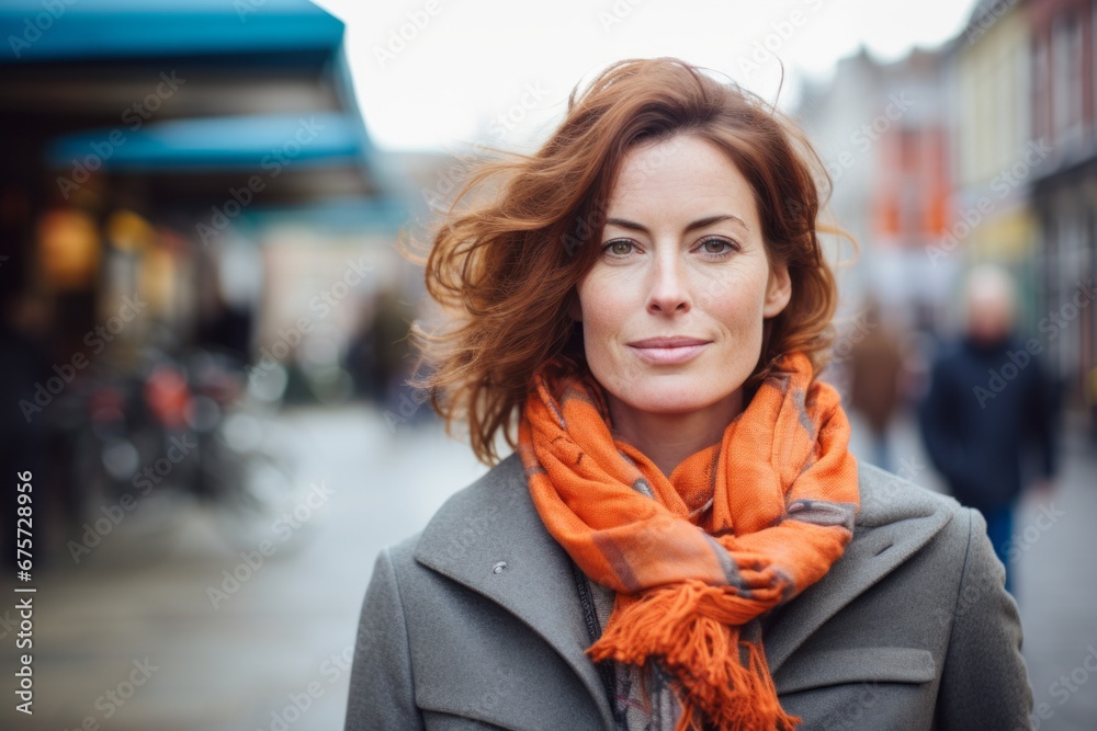 Portrait of a beautiful middle-aged woman with red hair in the city