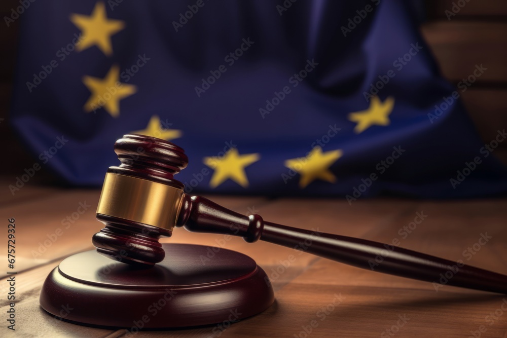 Judges court gavel with European union flag on backdrop. Judicial system and legislation regulation courtroom. Generate ai Judges court gavel with European union flag on backdrop. Judicial system and legislation regulation courtroom. Generate ai