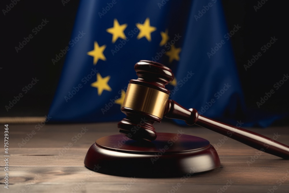 Judges gavel hammer with European union flag on background. Court judicial verdict legislation punishment. Generate ai