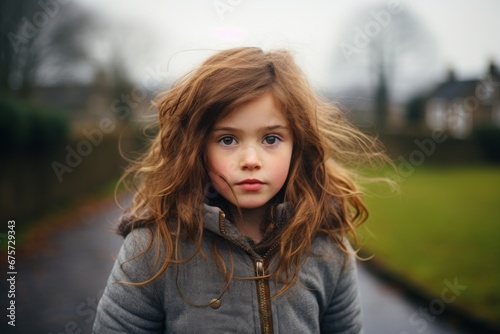 Portrait of a beautiful little girl with long curly hair on a cold autumn day