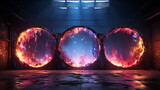 Magic fantasy portal. Round light frame, Futuristic teleport. light effect. Blue, purple, neon lights illuminate the night scene with sparks on a transparent background. Light effect - Ai