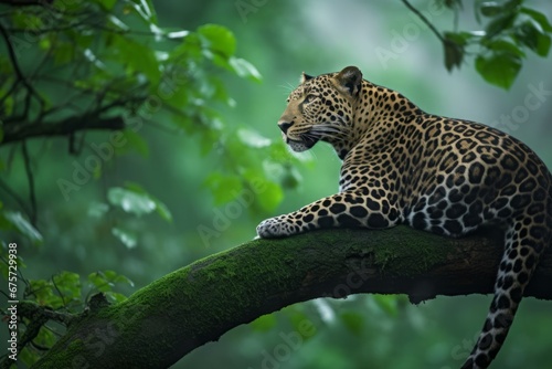 Leopard tree branch. Animal cat predator wild mammal. Generate Ai