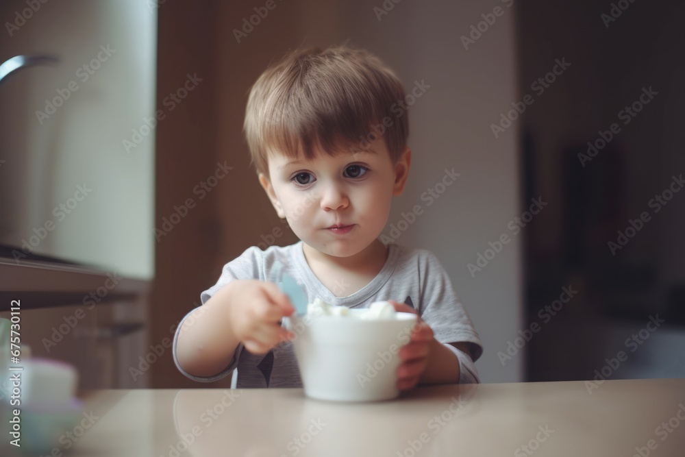 Little boy yogurt. Milk breakfast little kid meal. Generate Ai Little boy yogurt. Milk breakfast little kid meal. Generate Ai