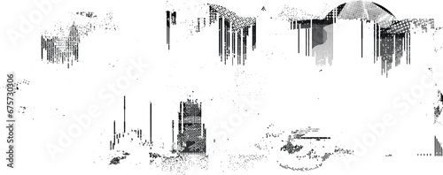 Glitch distorted grange shape . Noise grungy logo . Trendy defect error shapes . Glitched frame .Grunge textured . Distressed effect .Vector shapes with a halftone dots screen print texture.