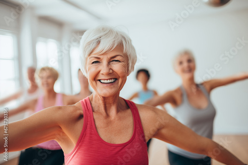 group of senior women practicing fitness in yoga studio, retired female group exercising, sport for elderly people