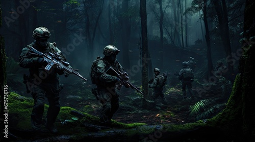 Forces Soldier action in dramatic forest © jambulart