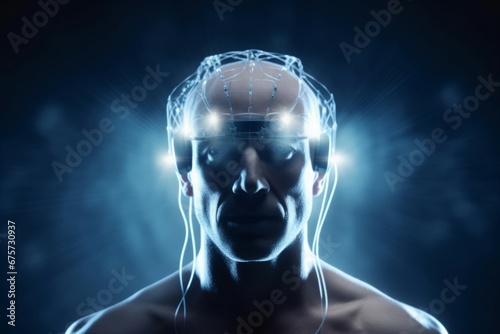 Male brain abilities research. Male head with illuminated analysis electrodes. Generate ai photo