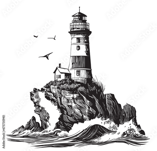 Lighthouse on the coast sketch hand drawn in doodle style Vector illustration