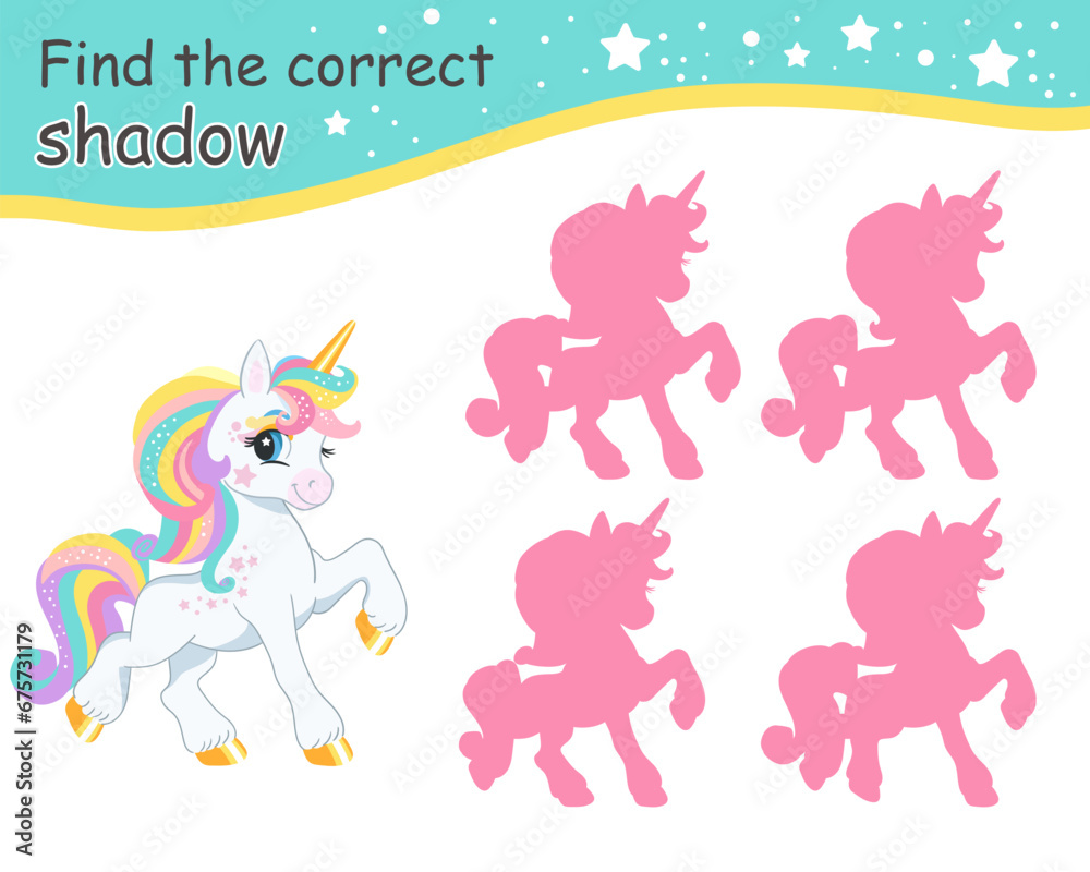 Find correct shadow funny rainbow mane white unicorn vector