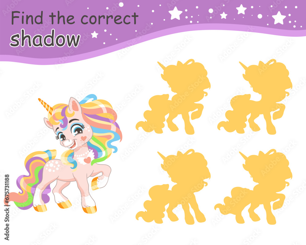 Naklejka premium Find correct shadow funny long rainbow mane unicorn vector