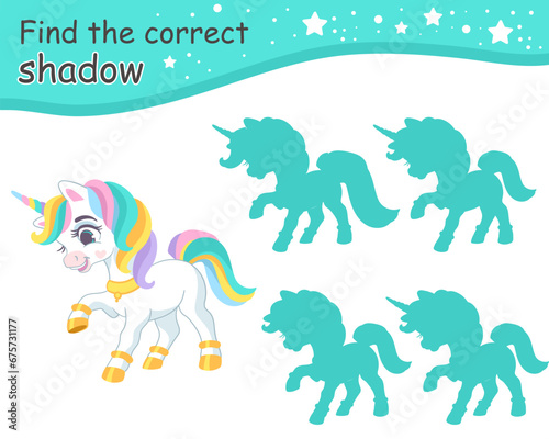 Find correct shadow funny rainbow unicorn vector