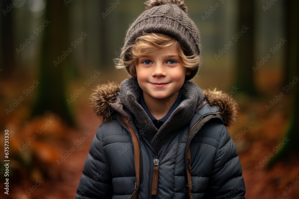 A portrait of a cute little boy in a warm winter coat and hat standing in the autumn forest. A portrait of a cute little boy in a warm winter coat and hat standing in the autumn forest.