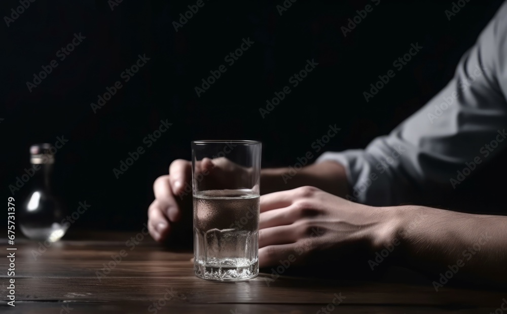 Man sitting at table refusing vodka drink. Guy decline dangerous alcoholic drink consumption. Generate ai Man sitting at table refusing vodka drink. Guy decline dangerous alcoholic drink consumption. Generate ai