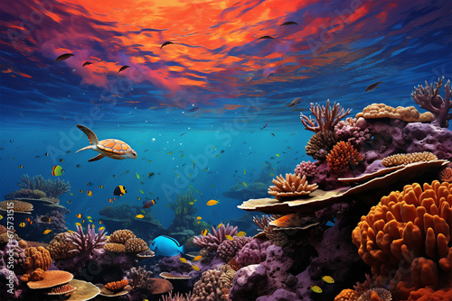 colorful coral reefs with lots of fish and turtles © wendi