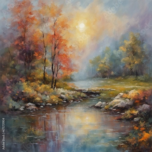 beautiful autumn landscape painting, impressionism, contemporary art, detailed, high resolution