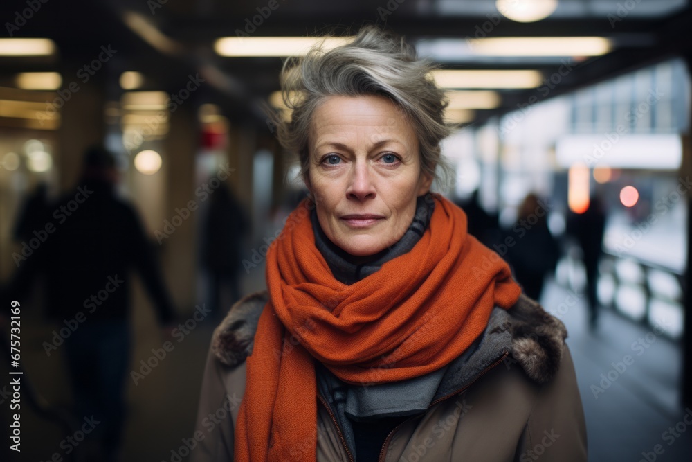 Portrait of senior woman in coat and scarf at the train station Portrait of senior woman in coat and scarf at the train station