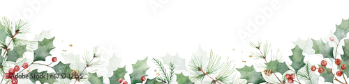 Watercolor Christmas border with green leaves. Banner for greeting cards, New year invitations, wedding. Hand painted pine tree branches, holly, red berries.