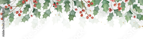 Watercolor Christmas border with green leaves and holly berries. Banner for greeting cards, cover, flyer, postcard design, New year invitations, wedding.