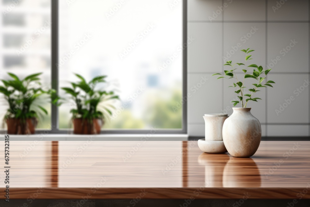 Empty beautiful wood table top counter and blur bokeh modern kitchen interior background in clean and bright,Banner, Ready for product montage Empty beautiful wood table top counter and blur bokeh modern kitchen interior background in clean and bright,Banner, Ready for product montage