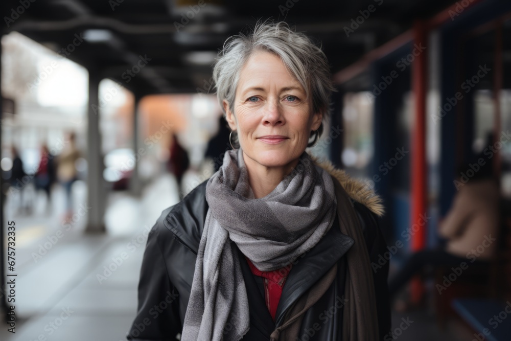 Portrait of mature woman in the train station. Focus on the woman Portrait of mature woman in the train station. Focus on the woman