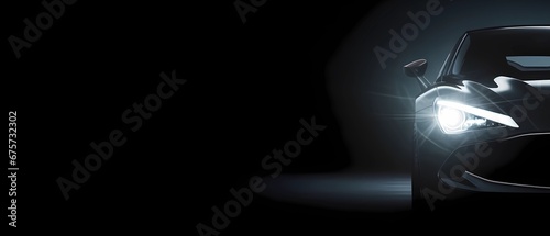 Front view of Black modern car on dark background with copy space, Generative AI