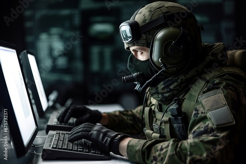 Military special forces defuses computer. Cyber digital hacking operation on hardware technology. Generate ai photo