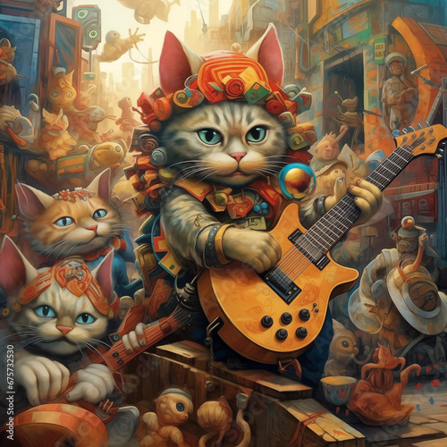 群衆の前でギターを演奏するロック猫。アートキャット。シュール。ポップ。