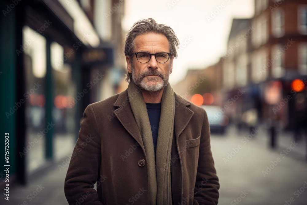 Handsome middle-aged man with a beard wearing a coat and glasses on a city street.