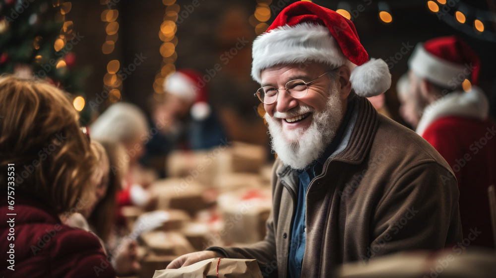 Cheerful senior man in Santa Claus hat and eyeglasses looking at camera and smiling while exchanging gifts at home