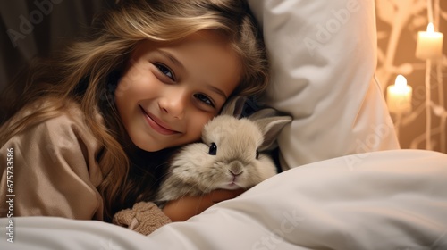 the girl with the rabbit. holding cute fluffy Bunny на розовом фоне.Friendship with Easter Bunny. Spring photo.Close up
