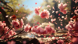 Beautiful cherry blossom sakura in spring time over the land - Blooming plum garden Natural spring background.low angle view on vibrant pink cherry, sakura blossom tree branch - Ai