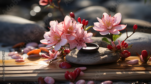 Branch sakura flowers with therapy stones - peaceful Zen garden with raked sand, stones, and a single, beautifully detailed flower as the focal point. 