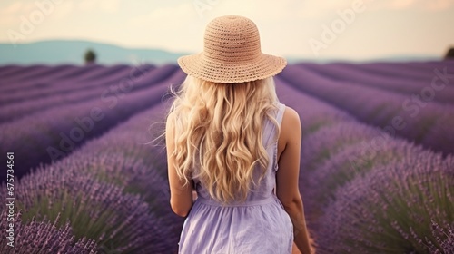 Back view of Young blond woman in lavender field, Generative AI