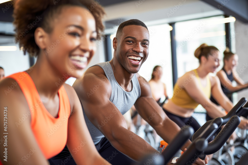 A group of people are riding stationary bikes in gym.