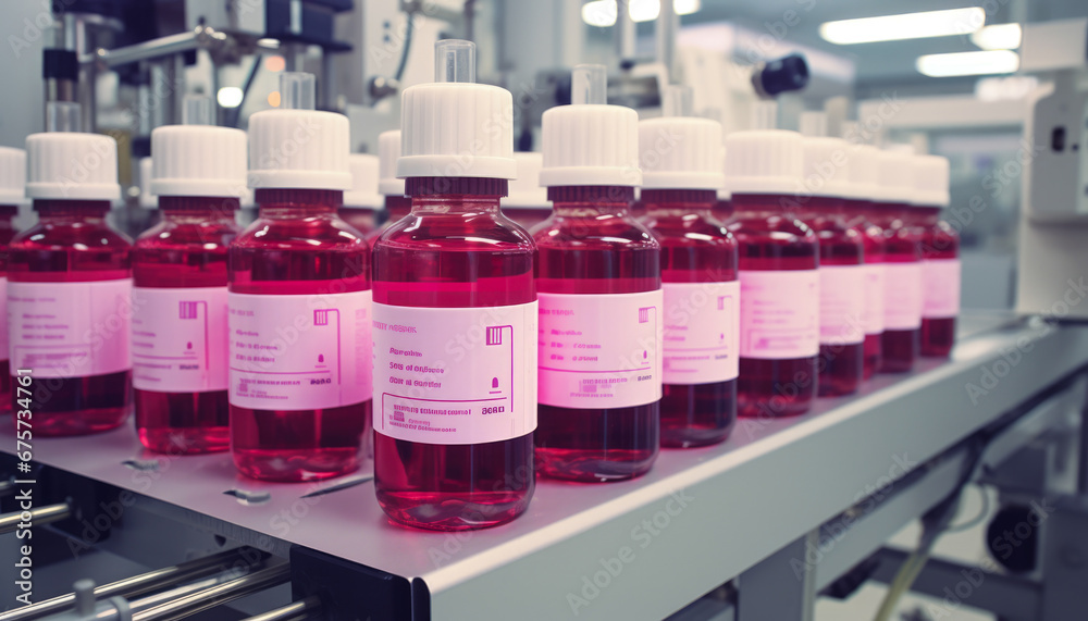 A line of bottles in a production line. A line of bottles in a production line.