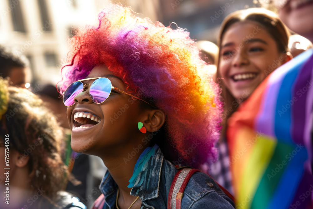 Rainbowhaired young women in colorful attire smiling with pride flags.