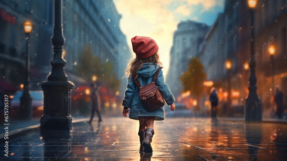 Cute girl holding umbrella walking on the road in the city on rainy day