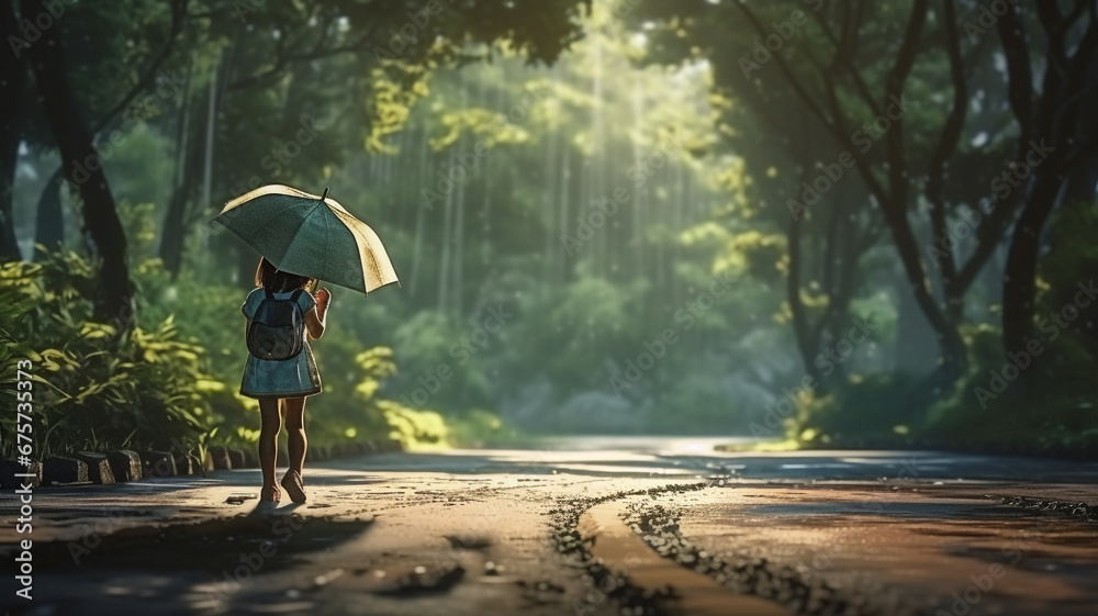 Cute girl holding umbrella walking on the road in the forest on rainy day