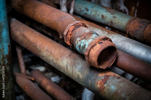 Rusty old damaged heating system pipe. Deteriorated iron building industrial tubes. Generate ai