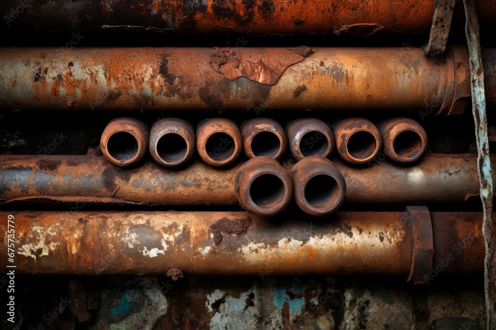 Rusty deteriorated pipes water system. Scrap metal tube covered with orange rust. Generate ai Rusty deteriorated pipes water system. Scrap metal tube covered with orange rust. Generate ai
