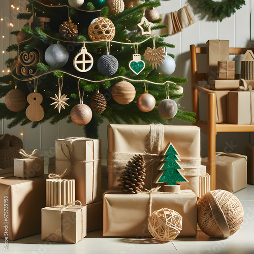 A Christmas tree with elegant ornaments and gifts wrapped in kraft paper, with crafting supplies and candles