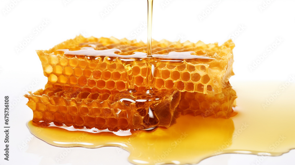 Honeycomb with honey drop isolated on white background Honeycomb with honey drop isolated on white background