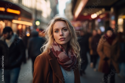 Portrait of a beautiful blonde girl in a coat and scarf on a city street