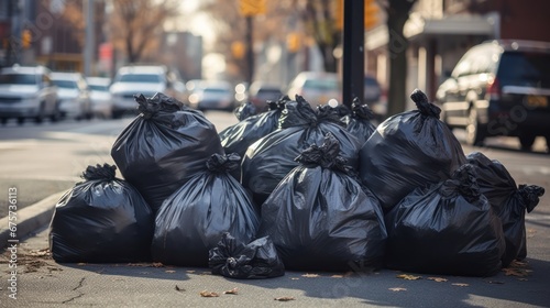 Black garbage bags piled up on the city sidewalk.