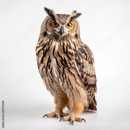 Brown owl portrait, isolated on white background. Eurasian Eagle-Owl, Bubo bubo, standing in front