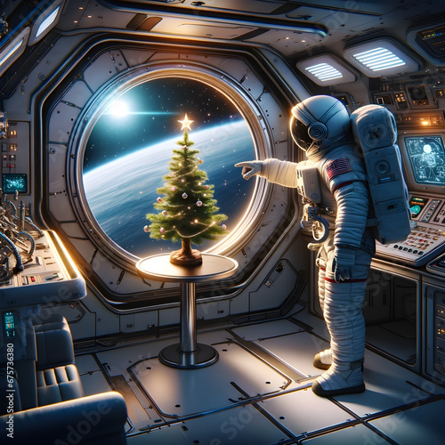 An astronaut in a spacecraft points at a decorated Christmas tree by the window, overlooking Earth from space
