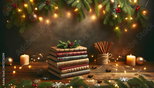 A stack of vintage books adorned with a Christmas garland and surrounded by candles, fairy lights, and cinnamon, capturing a festive ambiance
