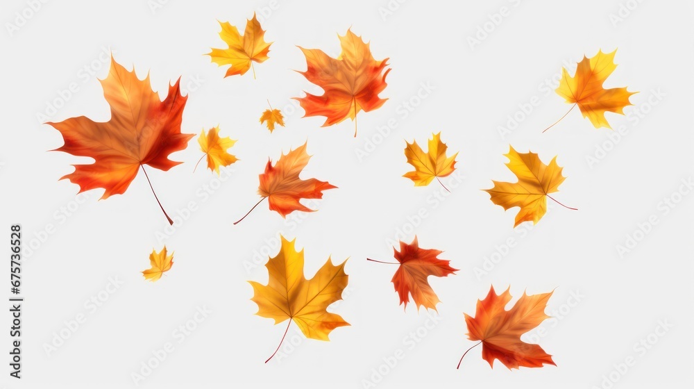 Realistic falling leaves. Autumn forest maple leaf in september season, flying orange foliage from tree on ground transparent background Realistic falling leaves. Autumn forest maple leaf in september season, flying orange foliage from tree on ground transparent background
